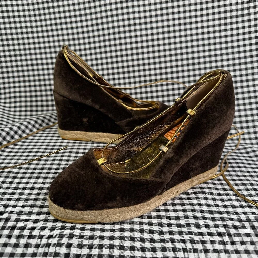 Tory Burch Velvet Espadrille Wedge Heels Brown Gold Lace Up Size 6.5